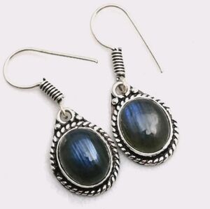 Labradorite Gemstone (8x10mm) 925 Sterling Silver Handmade Drop Dangle Earrings